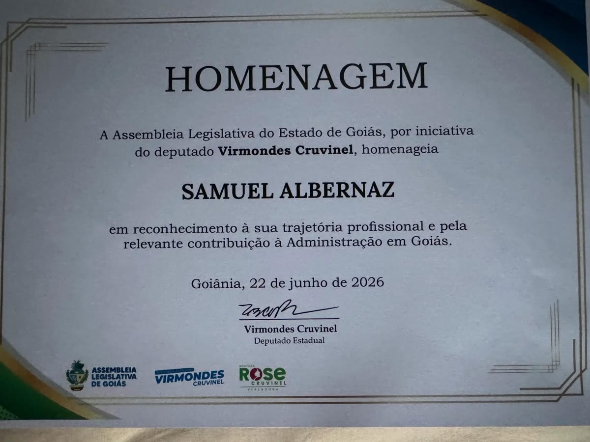 Certificado de homenagem da Assembleia Legislativa de Goiás a Samuel Albernaz, 22 de junho de 2026
